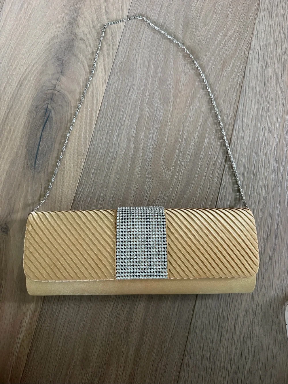 Gold Baguette Style Evening Bag with Rhinestone Detail